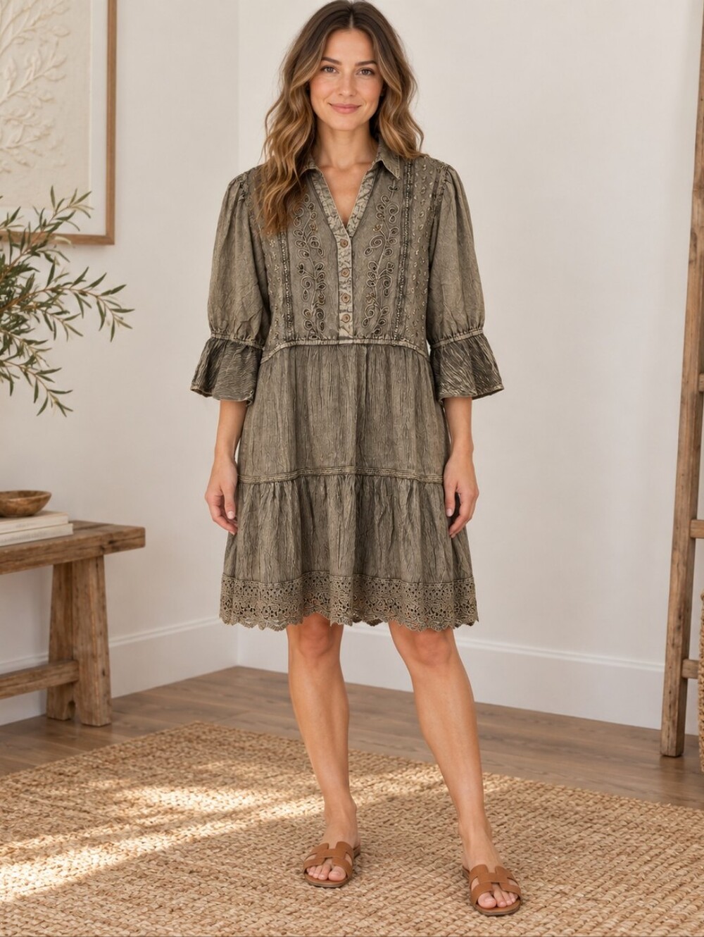 523. Young Threads Bohemian Tiered Shirt Dress in Eashed Olive Green